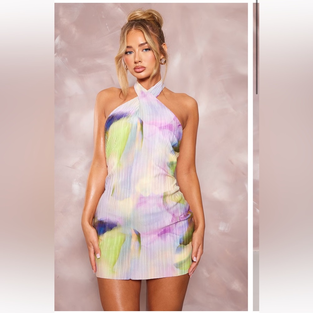 Multi watercolor Plisse Twist Halterneck Bodycon Dress